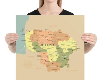 Wall Poster Paper-Lietuva-Lithuania Brown, Wall decor Dorm,Scandinavian style wall art, Minimalist decor for home or office, Travel map Gift