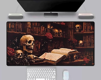 Gothic Desk Mat with Floral Skeleton | Macabre XL Mouse Pad | Dark Vintage Office Decor | Dark Academia Deskmat dark gothic decor