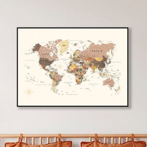 Digital World Map,Vintage map print, Brown Large Wall Art Poster Boho, World map download,Travel Gift,Posters and prints Aesthetic for print