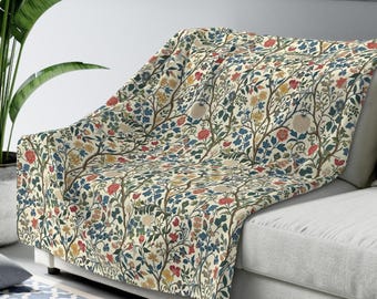 Bohemian Sherpa Blanket William Morris  Vintage Botanical Throw Green Blue Beige Boho Decor Cozy Fall Gift Art Nouveau Cottagecore Style