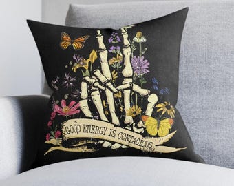 Rustic Pillow Case Faux Suede Skeleton Floral Goth Decor | Dark Cottagecore Throw Pillow | Witchy Skull Cushion Cover