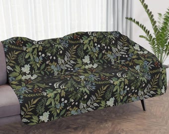 Sherpa Blanket dark Moody Floral Fern, Maximalist Cozy Decor Fall Flowers,Whimsigoth gift, Throw Blanket Dark Academia Cottagecore Home Gift