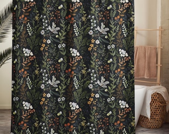 Dark Botanical Shower Curtain – Moody Fall Ferns & Daisies – Witchy Herb Cottagecore – Gothic Boho Bathroom Decor – Dark Academia