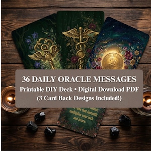 May include: A set of oracle cards featuring three distinct dark green and floral back designs with gold caduceus and circular symbols. The text reads 36 DAILY ORACLE MESSAGES Printable DIY Deck Digital Download PDF 3 Card Back Designs Included.