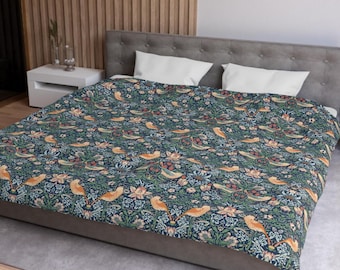 Strawberry Thief Duvet Cover William Morris Bedding, Bohemian & Cottagecore Bedroom Decor, Botanical Floral Quilt Cover, Bohemian maximalist