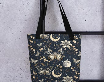 Whimsigoth Moth & Full Moon Tote Bag Witchy Canvas Bag for Dark Academia Navy Blue Cottagecore Tarot Witchy Gifts Gifts for Moms Sisters
