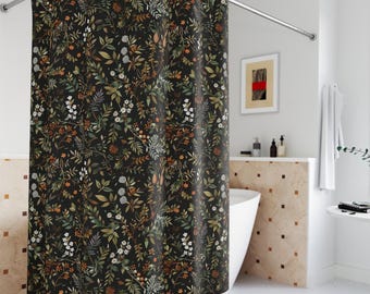 Botanical Shower Curtain | Moody Floral Fern Print | Woodland Flowers Autumn Bathroom Decor | Dark Moody Bathroom