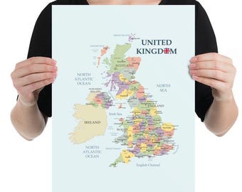 United Kingdom Wall Poster,UK Map Print, British Wall Art,Paper Map Decor,Travel Gift, Geography Lover, Home Office Decor Gift for him Her