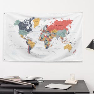 Drapeau, carte du monde, tapisserie, art mural coloré, carte moderne, grande carte détaillée des noms des villes et des États, tapisseries pour chambre, salon, dortoir