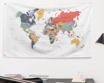 Flag World Map Tapestry Colorful Wall Art Map Modern Large Detailed Cities & State Names Map Tapestries for Bedroom Living Room Dorm Decor