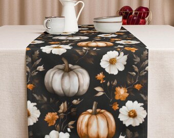 Fall Table Runner with Pumpkins Halloween Dining Decor Polyester Thanksgiving Centerpiece Rustic Autumn Tabletop Accent Dark Floral