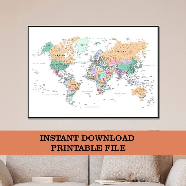 Digital World Map, Printable Large Wall Travel World Map Poster, World map country wall art,Home and Office a1 world map poster,Travel gifts