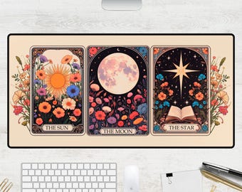 Tarot Desk Mat XL – The Sun, Moon & Star Cards, Large Witchy Mouse Pad, Boho Altar Mat, Aesthetic Gamer Desk Setup Gift