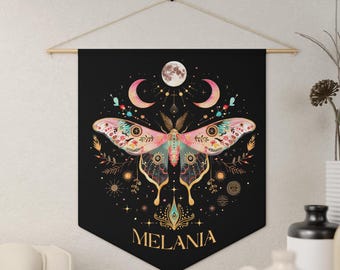 Luna Moth Witchy Decor Personalized Pennant Boho Wall Art Celestial Moth Mystical Aesthetic Gothic Banner Custom Home Wall Decor