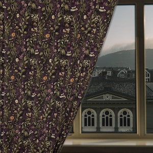Dark Moody Fern Window Curtain, Cottagecore Boho Drapes, Botanical Witchy Window Panel, Floral Curtain for Living Room Decor, Plant Curtain