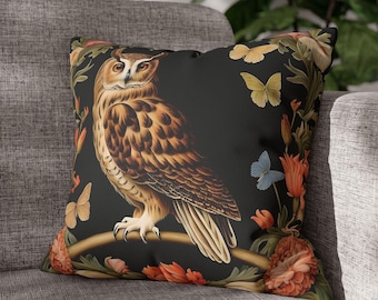 Rustic Owl Throw Pillow Case | Dark Cottagecore Floral Cushion | Faux Suede Goth Boho Decor | Moody Botanical Pillow Cover