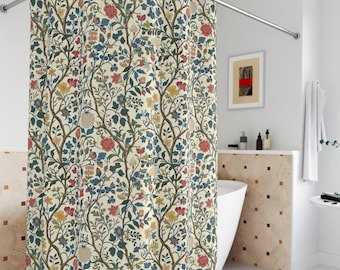 William Morris Shower Curtain Green Vintage Botanical Bathroom Decor Art Nouveau Boho Floral Curtain Cottagecore Bath Tapestry Style Blue