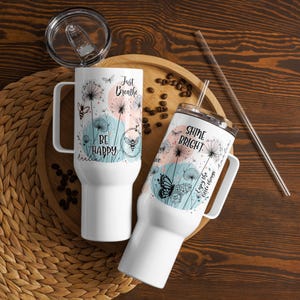 Tumbler Personalized 40oz Travel Cup with Handle and Straw | Custom Name Stainless Steel Gift for Her | Birthday Floral Tumbler