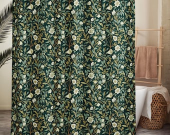 William Morris Botanical Shower Curtain, Dark Green Floral Bathroom Decor, Vintage Fall Bathroom Curtain, Designer Cottagecore Style Autumn