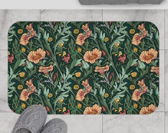 William Morris Style Bath Mat, Green Botanical Bathroom Mat, Floral Rug Cottagecore Decor Vintage Boho Art Nouveau Housewarming Gift for Her