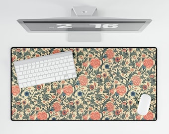 William Morris Desk Mat Vintage Floral Mouse Pad, Beige Pink Botanical Office Decor, Aesthetic Keyboard Pad Gift for Her Cottagecore Setup