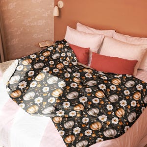 Floral Pumpkin Throw Blanket for Fall Decor Sherpa Fleece Cozy Halloween Bedding Thanksgiving Gift Autumn Sofa Couch Home Accent