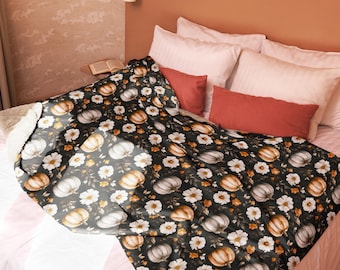 Floral Pumpkin Throw Blanket for Fall Decor Sherpa Fleece Cozy Halloween Bedding Thanksgiving Gift Autumn Sofa Couch Home Accent