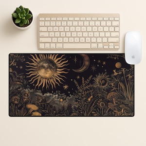 Boho Celestial Desk Mat, Cottagecore desk mat Sun and Moon XL Mousepad, Vintage Astrology Pad for Tarot Witch Decor, Celestial keyboard pad