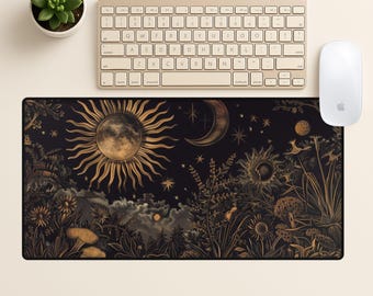 Boho Celestial Desk Mat, Cottagecore desk mat Sun and Moon XL Mousepad, Vintage Astrology Pad for Tarot Witch Decor, Celestial keyboard pad
