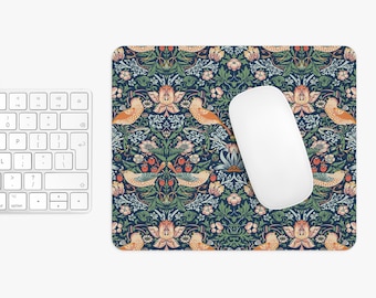 Mouse Pad William Morris Strawberry Thief, Blue Floral Bird Mousepad for Women Vintage Botanical Gift, Cute Art Nouveau Desk Cottagecore