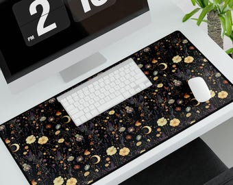 Whimsigoth Desk Mat with Moons & Wildflowers – Witchy Floral Mouse Pad | Dark Cottagecore Office Decor | Mystical Gift for Her