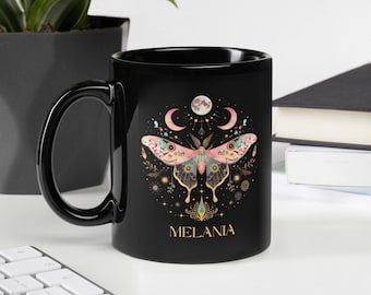 Lunar Moth Black Mug – Custom Celestial Coffee Cup, Mystic Cottagecore Tea Mug, Mom Birthday Gift