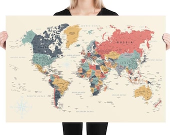 World Map Poster Printable Paper Large Wall Art 90x60 cm World Wall Map Poster Print World Map for back to school Gift for Teacher World map