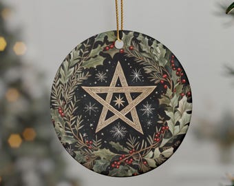Pentagram Christmas Ornament Pagan Yule Tree Decoration Witch Pentacle Ceramic Altar Decor Wiccan Holiday Gift Dark Winter Solstice Hanging