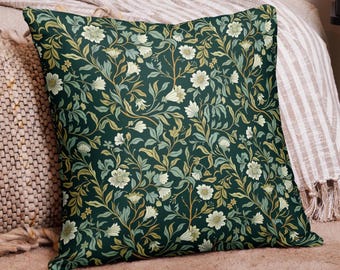 Dark Botanical Pillow Cover –Gothic William Morris Style Cushion Case, Fall Home Decor, Vintage Green Floral Throw Pillow Designer Halloween