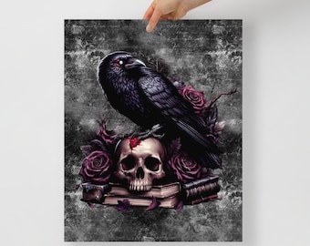 Gothic Raven Skull Poster Dark Academia Wall Art Witchy Decor Wednesday Inspired Print