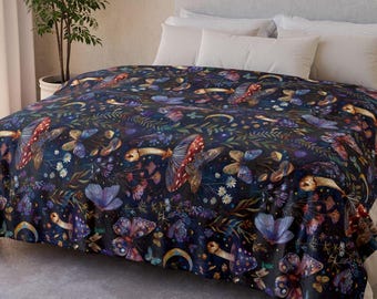 Throw Blanket Celestial Witch Garden Soft Floral Blanket Mushroom Moon Black Cottagecore decor bedroom Warm Magical Decor Dark Floral Moth