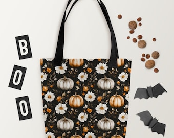 Pumpkin Tote Bag for Fall Halloween Gift Autumn Market Bag with Dark Floral Print Thanksgiving Reusable Shopping Bag Cozy Seasonal Style