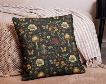 Goblincore Moth & Mushroom Pillow Cover – Dark Moody Botanical Cushion, Vintage Cottagecore Fall Decor, Autumn  Witchy Home Accent