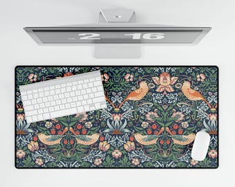 William Morris Strawberry Thief Desk Mat Vintage Office Decor, Large Mousepad, Art Nouveau Workstation Accessory, Cottagecore Desk Pad