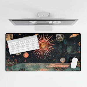 Celestial Desk Mat | Sun and Moon Mouse Pad XL | Solar System Altar Mat | Witchy Office Decor | Vintage Astrology Desk Pad