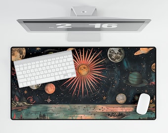 Celestial Desk Mat | Sun and Moon Mouse Pad XL | Solar System Altar Mat | Witchy Office Decor | Vintage Astrology Desk Pad