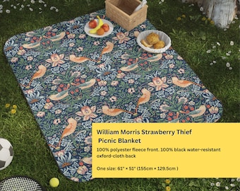 Picnic & Beach Blanket Waterproof, Outdoor Large Rug William Morris Strawberry Thief Floral Vintage Outdoor Throw for Festivals Backyard Rug