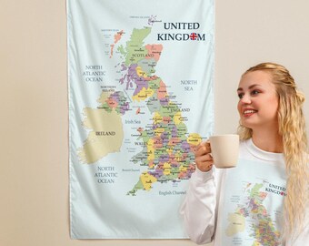 Colorful UK Map Wall Flag, United Kingdom Dorm Decor, Game Room Wall Art, British Flag Map Tapestry, Home Office or Bedroom Decoration