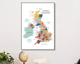 kaart van het Verenigd Koninkrijk, Britse kaart, kaart van Groot-Brittannië, digitale coole kaarten, muurposter afdrukken, digitale fantasiekaart, klasdecor, reisreiscadeau