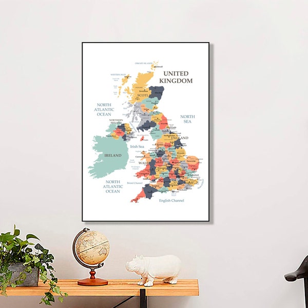 kaart van het Verenigd Koninkrijk, Britse kaart, kaart van Groot-Brittannië, digitale coole kaarten, muurposter afdrukken, digitale fantasiekaart, klasdecor, reisreiscadeau