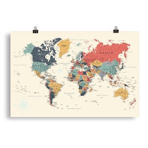 Impression carte du monde Impression à la demande art mural poster papier, poster carte du monde cool, poster mural carte du monde avec pays, art mural école à la maison