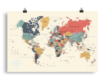 World map print Print on demand Paper Poster Wall Art, Cool Poster world map, World Map with countries wall poster, Homeschool wall art