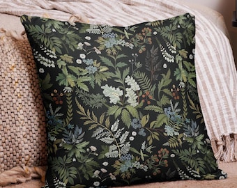Cushion cover Dark Moody Floral,Pillow Cover Fern Botanical, Cottagecore wildflowers pillowcase  dark Boho Throw Pillowcase, Whimsigoth