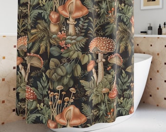 Moody Black Botanical Shower Curtain Floral Mushroom Woodland Chinoiserie Boho Dark Academia, Maximalist, Gothic, Cottagecore Decor Bath